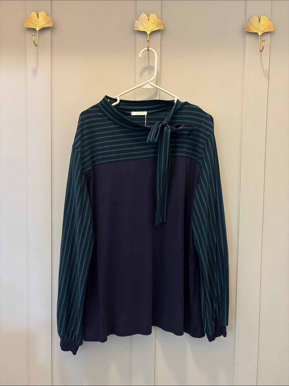 Striped Tie-Neck Long Sleeve Tee in Navy and Forest